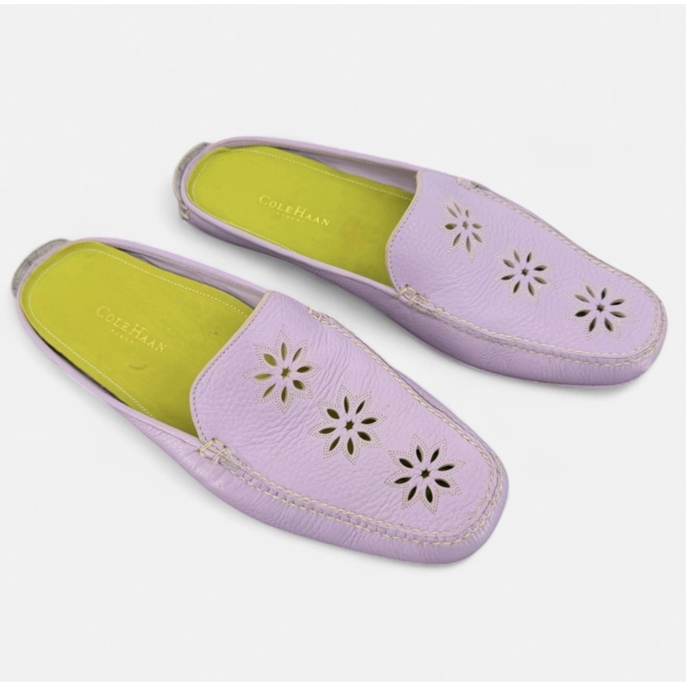 VTG Cole‎ Haan Resort Sz 7.5 Floral Mules Lilac & Green Leather Casual Slip Ons